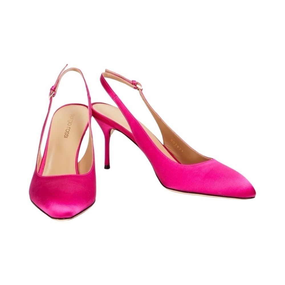 New Sergio Rossi Chichi Satin Fuchsia Slingback Pumps Sz 37.5